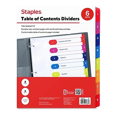 Staples Customizable Numeric Dividers, 1–8 Tabs, Multicolor – 6 Sets