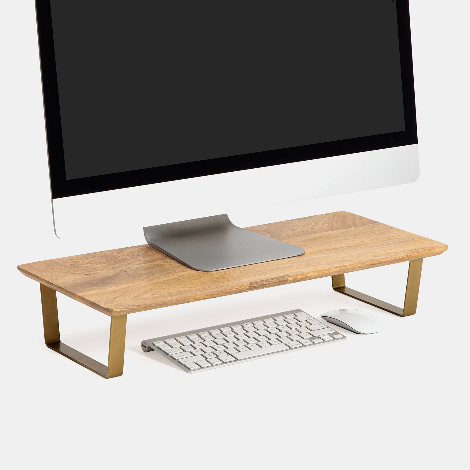 Anji Mountain Mango Wood & Metal Monitor Stand, Up to 32 Monitor, Natural Wood and Gold (MS-MNG-06GLD)
