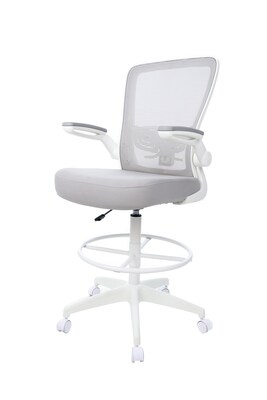 Boss Flip Arm Mesh/Fabric Stool with Footrest and Lumbar Support, Gray/White (B16366WT-GY)