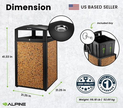 Alpine Industries Steel Outdoor Trash Can with Covered Top and Open Sides, 40 Gallon, Black/Stone, 2/Pack (ALP472-40-STO-2PK)