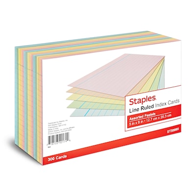 Staples 5 x 8 Index Cards, Lined, Assorted Colors, 300/Pack (TR50995)