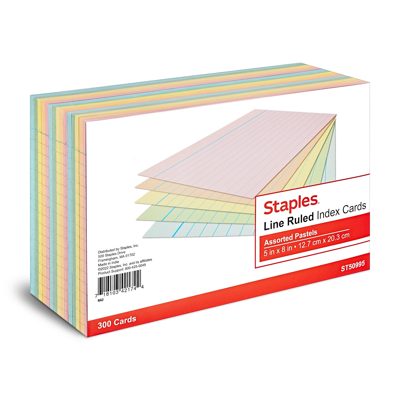 Staples 5 x 8 Index Cards, Lined, Assorted Colors, 300/Pack (TR50995)