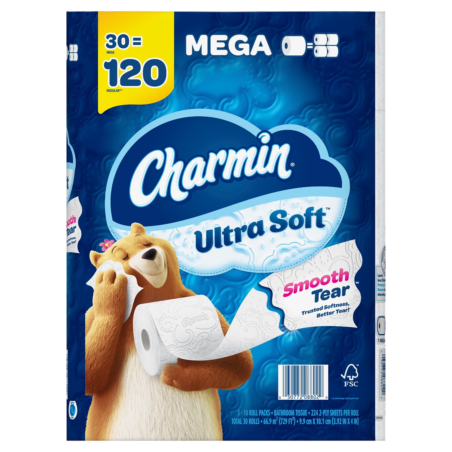 Charmin Ultra Soft Mega Toilet Paper, 2-Ply, White, 224 Sheets/Roll, 30 Rolls/Pack (01537)