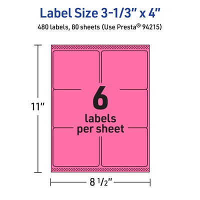 Avery Laser/Inkjet Rectangle Multipurpose Labels, 3-1/3" x 4", Bright Pink, 480/Box (94215)