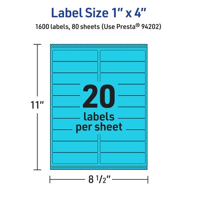 Avery Printable Rectangle Multipurpose Labels, 1" x 4", Bright Blue, 1600/Box (94202)