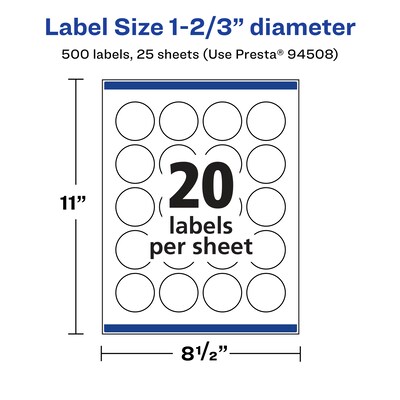 Avery Laser/Inkjet Multipurpose Circle Labels, 1.66" Dia, Glossy Clear, 500/Pack (94508)