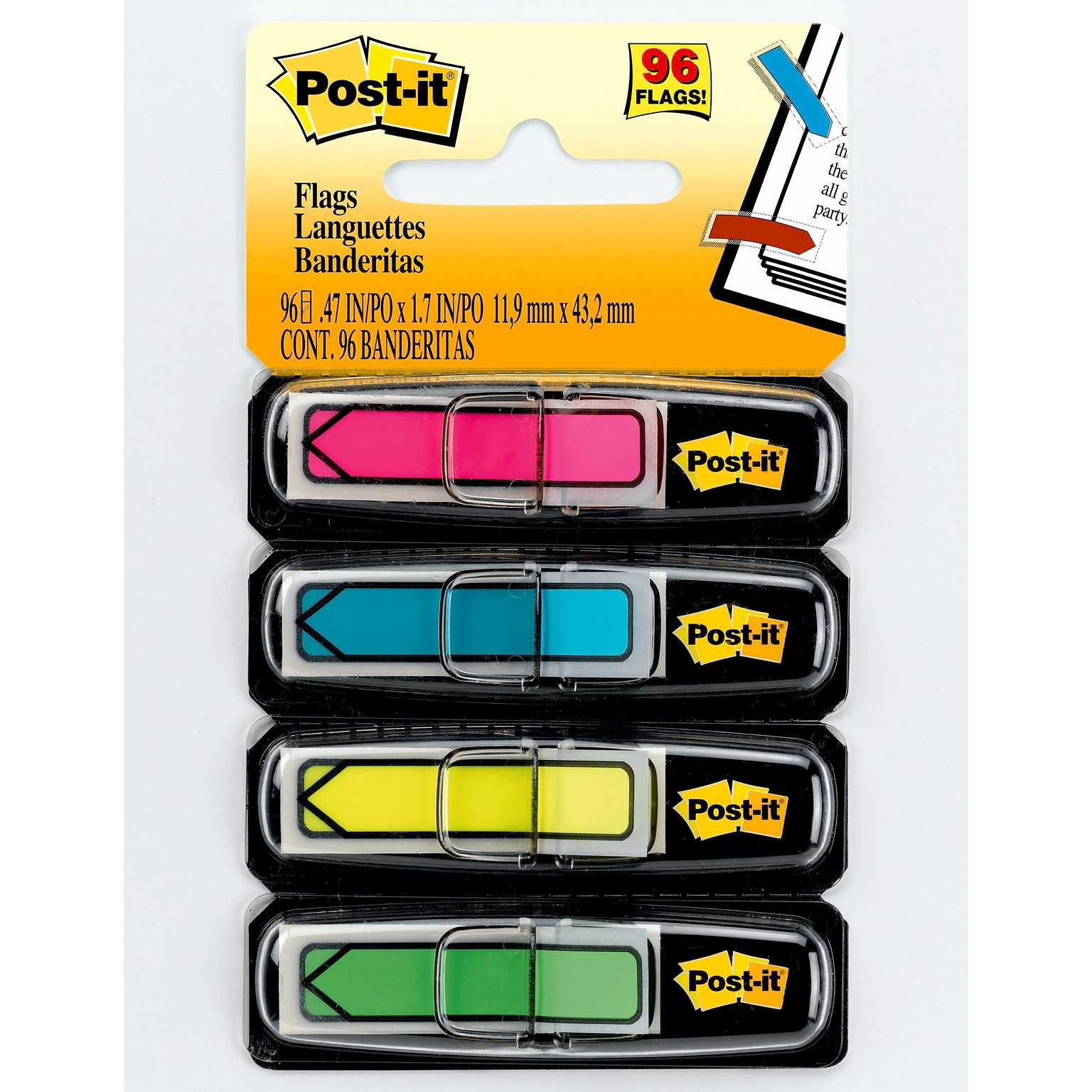 Post-it® Arrow Flags, .47 Wide, Assorted Colors, 96 Flags/Pack (684-ARR4)