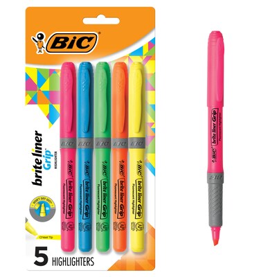BIC Brite Liner Stick Highlighter with Grip, Chisel Tip, Assorted Colors, 5/Pack (GBLP51-AST)