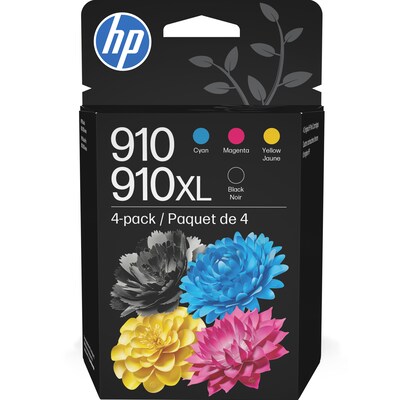 HP 910XL/910 Black High Yield and Cyan/Magenta/Yellow Standard Yield Ink Cartridge, 4/Pack (3JB41AN#140)