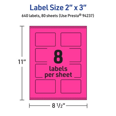 Avery Laser/Inkjet Rectangle Multipurpose Labels, 2" x 3", Neon Magenta, 640/Box (94237)