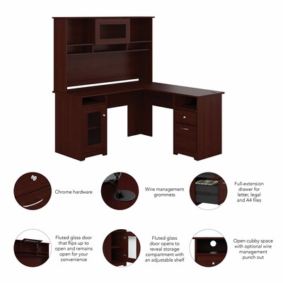 Bush Furniture Cabot 60"W L Shaped Computer Desk with Hutch and Storage, Harvest Cherry (CAB001HVC)