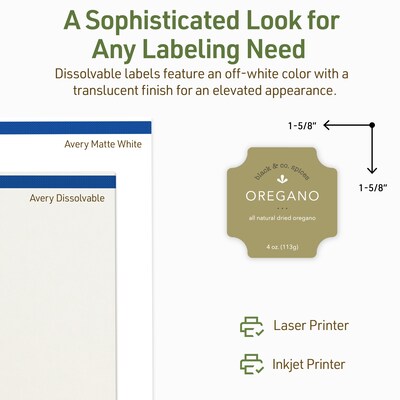 Avery Dissolvable Decorative Edge Multipurpose Labels, 1-5/8" x 1-5/8", Off-white, 500/Pack (94110)