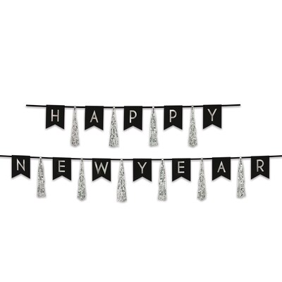 Beistle Happy New Year Tassel Streamer, Black & Silver, 2/Pack (888315-BKS)
