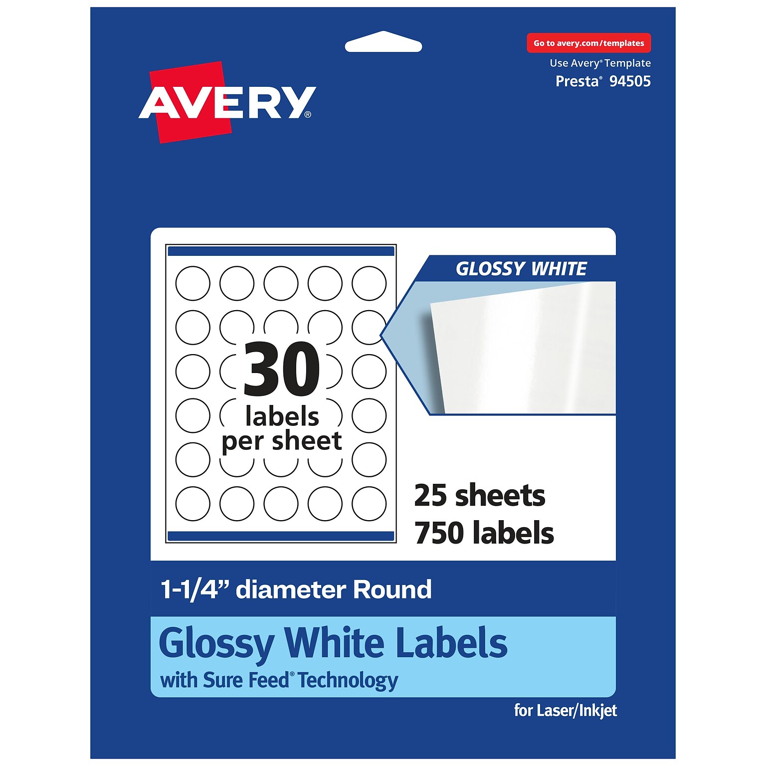 Avery Laser/Inkjet Round Multipurpose Labels, 1.25 Dia., Glossy White, 750 Labels/Pack (94505)