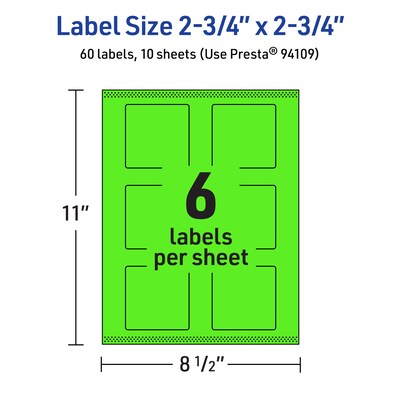Avery Square Multipurpose Labels, 2.75" x 2.75", Neon Green, 60/Pack (94109)