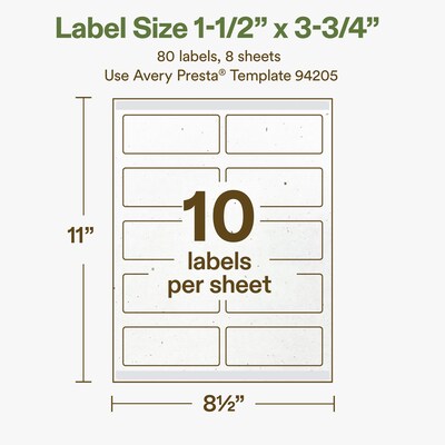 Avery Hemp Rectangle Laser/Inkjet Multipurpose Labels, 1-1/2" x 3-3/4", Off-White (80/Pack)