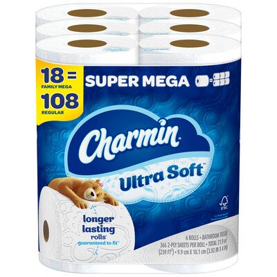 Charmin Ultra Soft Super Mega Toilet Paper, 2-Ply, White, 366 Sheets/Roll, 6 Rolls/Pack, 3 Packs/Car