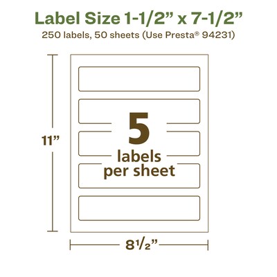 Avery EcoFriendly Laser/Inkjet Rectangle Multipurpose Labels, 1-1/2" x 7-1/2", White, 250/Box (94231)