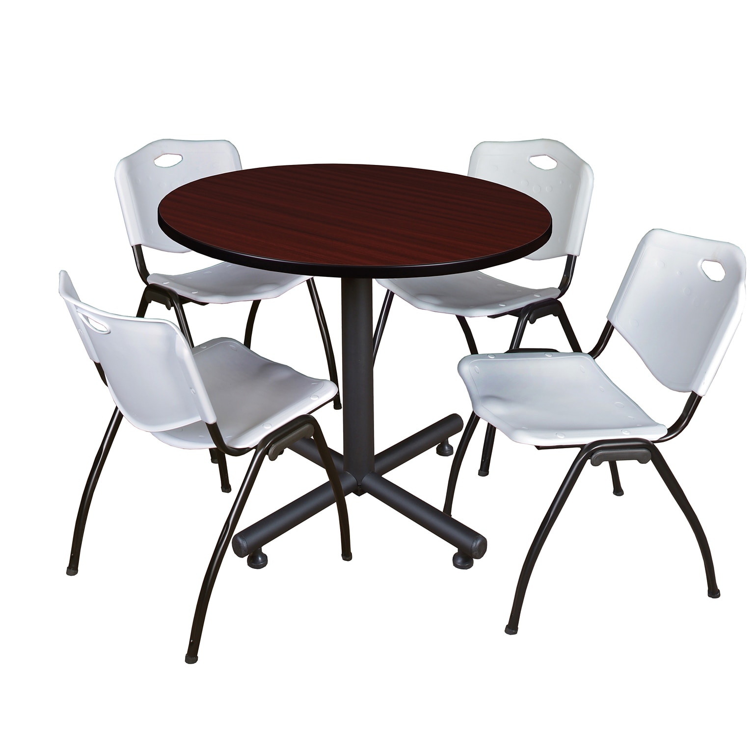 Regency 42 Laminate Mahogany Round Training Rooms Table with 4 M Stacker Chairs, Gray (TKB42RNDMH47GY)