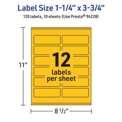 Avery Laser/Inkjet Rectangle Multipurpose Labels, 1.25" x 3.75", Bright Yellow, 120/Pack (94228)