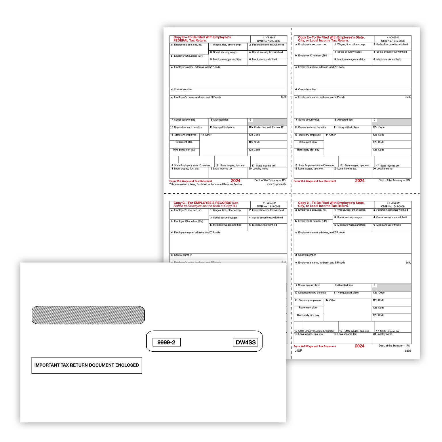 ComplyRight 2024 W-2 Tax Form Envelopes/Recipient Copy Only, 1-Part, 4-Up, Copy B, C, 2 and 2 combined, 25/Pack (5205E25)
