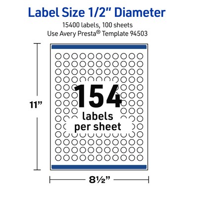 Avery Round Laser Multipurpose Labels, 0.5" Dia., White, 15400/Box (19479399415)