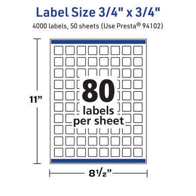 Avery TrueBlock Laser/Inkjet Square Multipurpose Labels, 0.75" x 0.75", White, 4000/Box (94102)