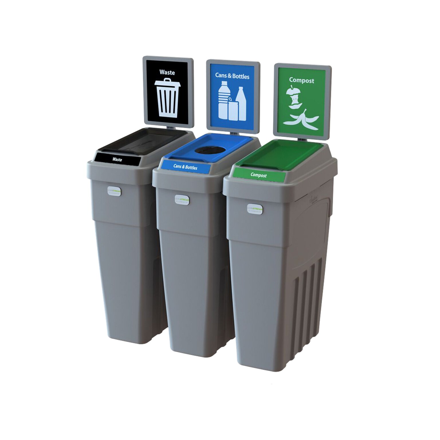 CleanRiver LeanStream Plastic Three-Stream Recycling Station, 69 Gallon, Gray (LS3B-002)