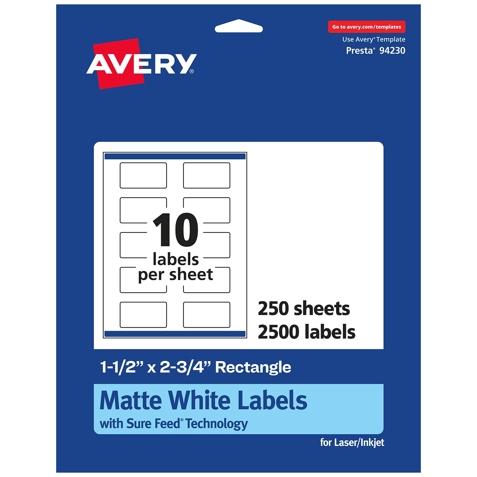Avery Laser/Inkjet Rectangle Multipurpose Labels, 1.5 x 2.75, White, 2500 Labels/Box (94230)