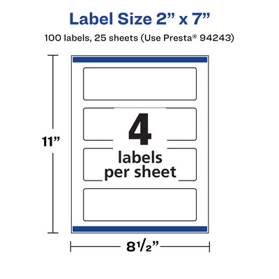 Avery Rectangle Laser/Inkjet Multipurpose Labels, 2" x 7", White, 100 Labels/Pack (94243)