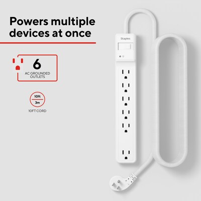 Staples TECH 6-Outlet Surge Protector, 10, 1800 Joules, White (ST62781)