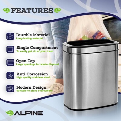 Alpine Industries Stainless Steel Trash Can with Liner, 10.6 Gallon, 2/Pack (ALP470-20L-2PK)