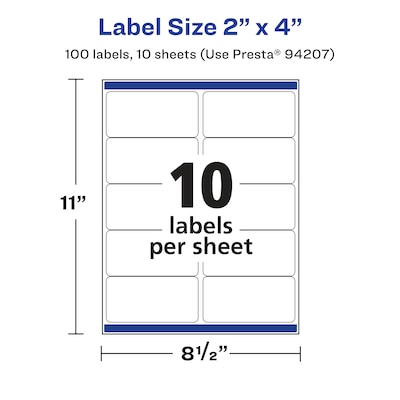 Avery Laser/Inkjet Multipurpose Labels, 2" x 4", White, 10 Labels/Sheet, 10 Sheets/Pack (94207)