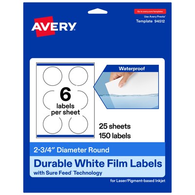 Avery Laser/Inkjet Circle  Waterproof Multipurpose Labels, 2.75  Dia, White, 150/Pack (94512)
