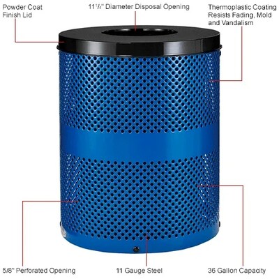 Global Industrial Outdoor Perforated Steel Trash Can w/ Flat Lid, 36 Gallon, Blue (261925BL)