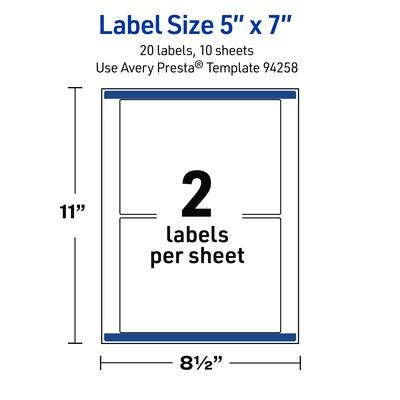 Avery Waterproof Rectangle Laser Multipurpose Labels, 5" x 7", White, 20/Pack (19479399372)
