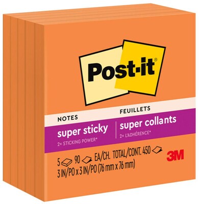 Post-it Super Sticky Notes, 3 x 3, Neon Orange, 90 Sheet/Pad, 5 Pads/Pack (654-5SSNO)