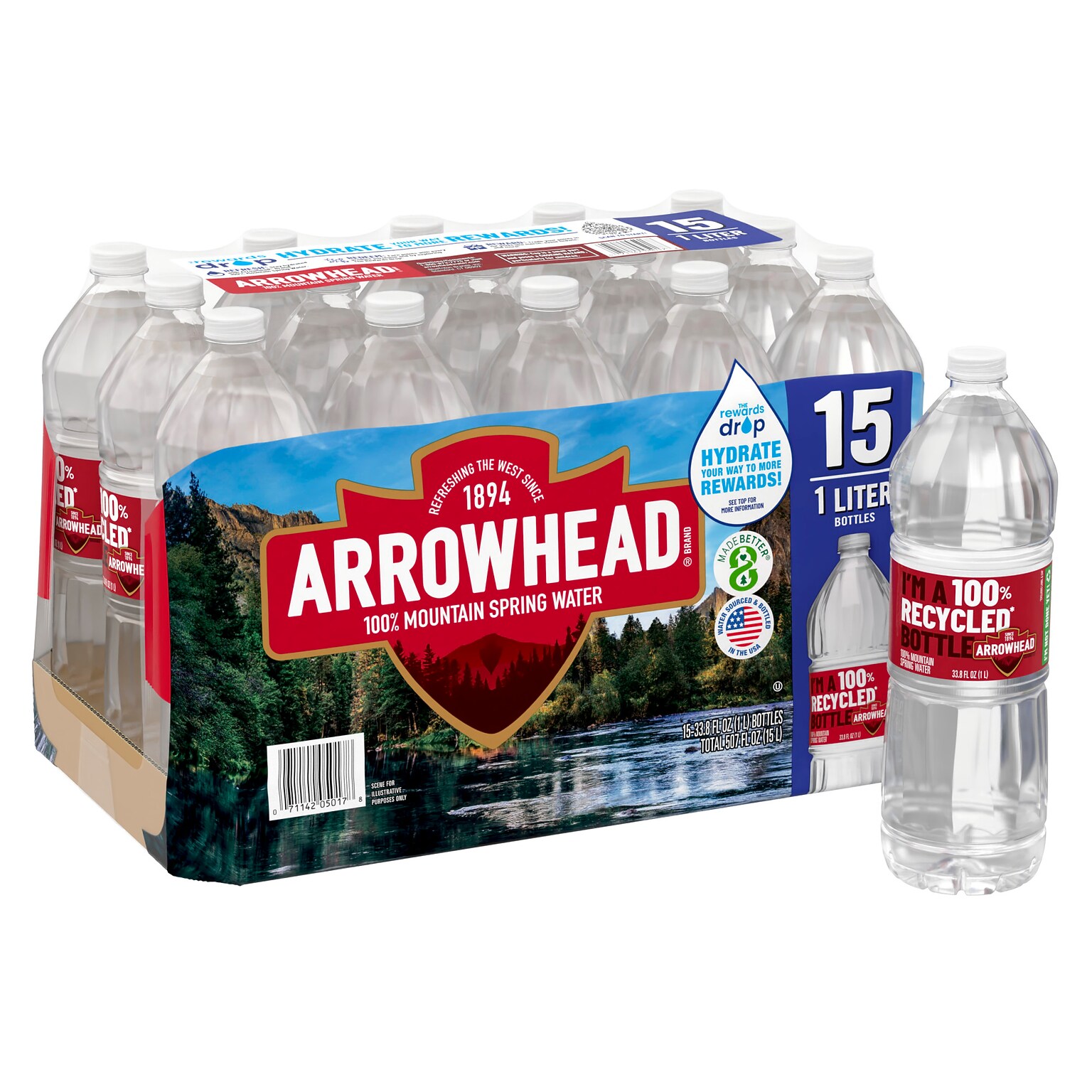Arrowhead 100% Mountain Spring Water, 33.8 oz. Plastic Bottles, 15/Carton (11475327)