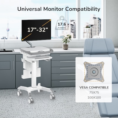 Mount-It! MedHub Powered Height-Adjustable Medical Cart with Monitor Arm, Scanner & Wipes Holders, White/Gray (MI-16065)