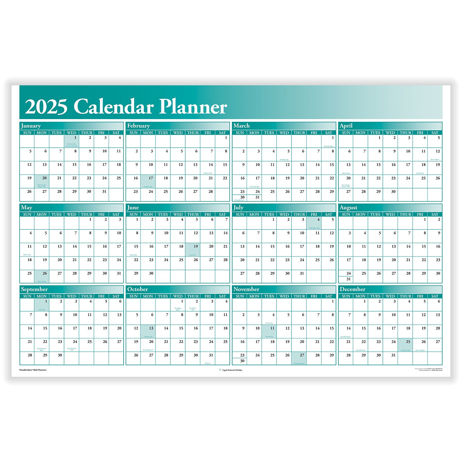 2025 ComplyRight Full Calendar Planner 36 x 24 Yearly Dry Erase Wall Calendar, Green (J0056GR)