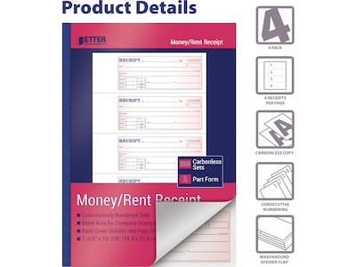 Better Office 2-Part Carbonless Money/Rent Receipt Book, 7.63" x 10.88", 200 Sets/Book, 4 Books/Pack (66204-4PK)