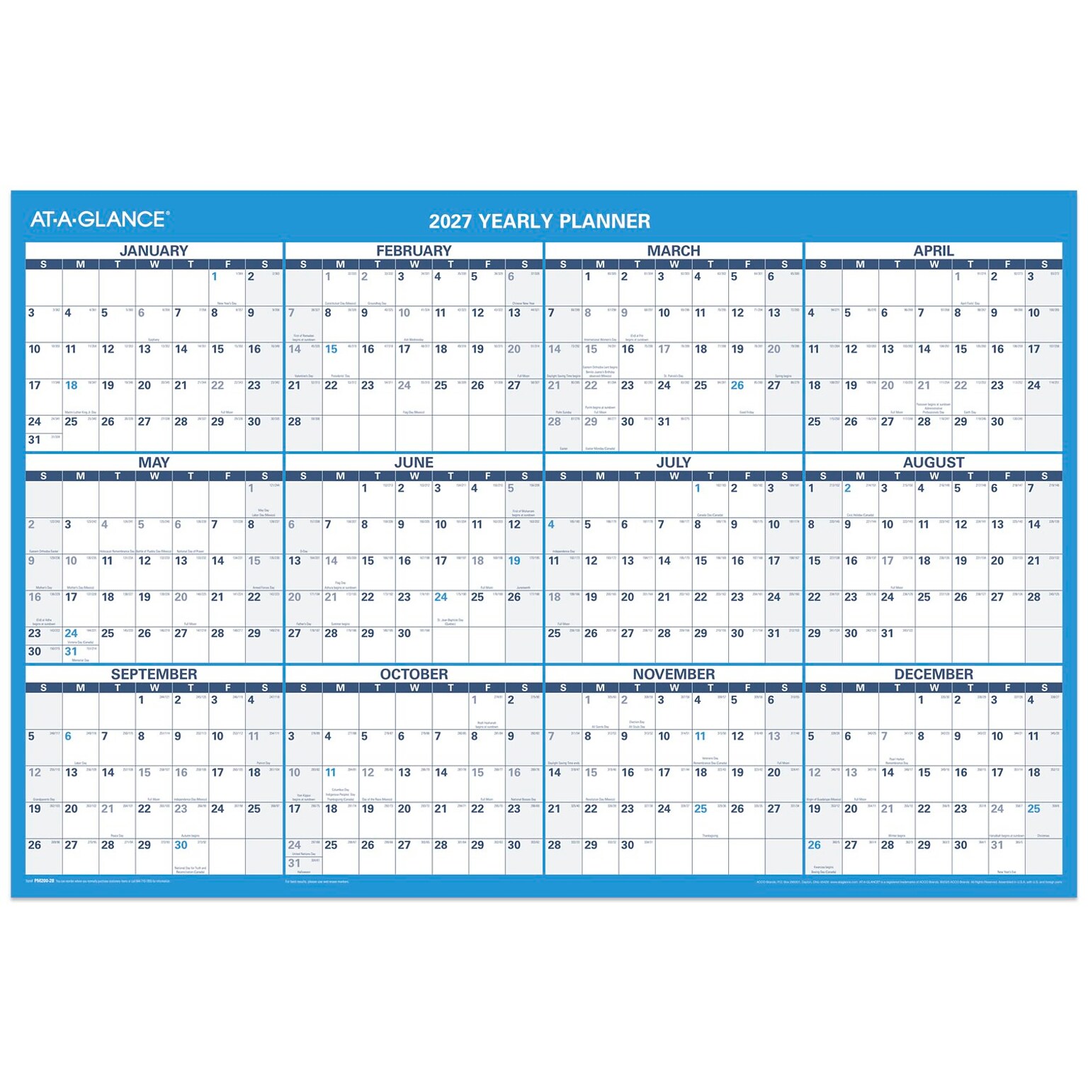 2027 AT-A-GLANCE 36 x 24 Yearly Dry Erase Wall Calendar, Reversible, White/Blue (PM200-28-27)