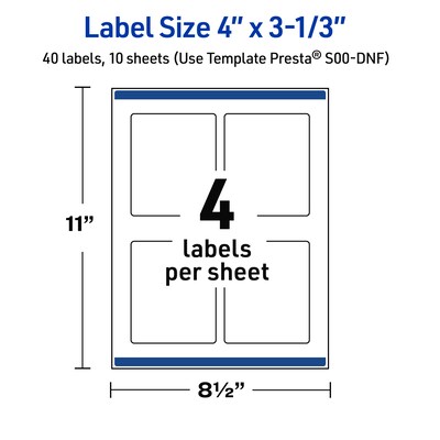 Avery Laser/Inkjet Rectangle Multipurpose Labels, 4" x 3-1/3", White, 40/Pack (S00DNF)