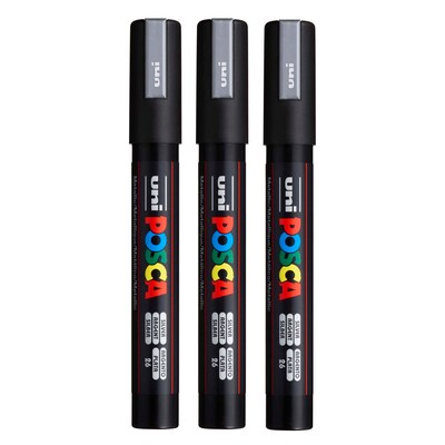 POSCA PC-5M Water Based Paint Marker, Medium Bullet Tip, Silver, 3/Pack (UBCPC5MSILVER-3)