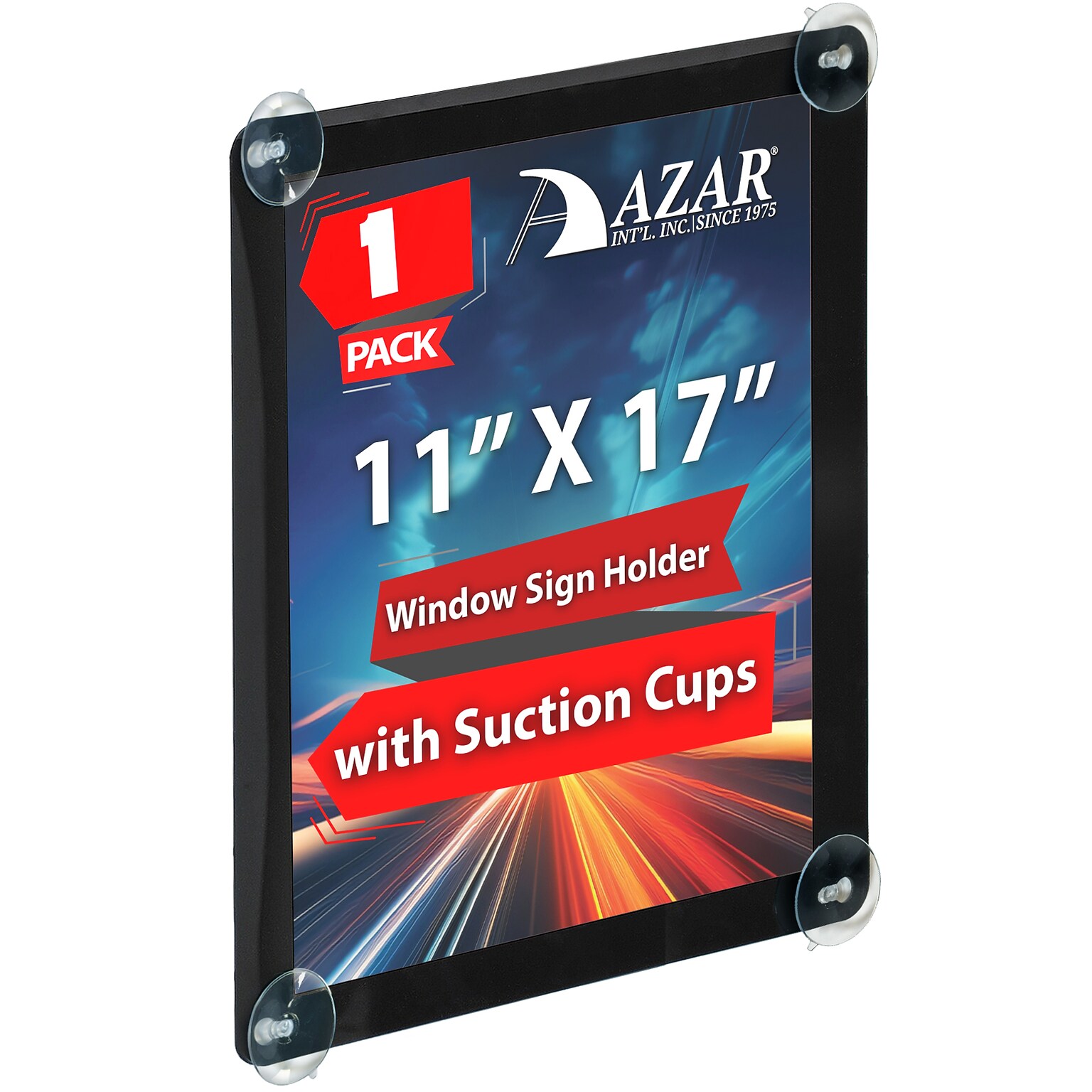 Azar Poster Holder, Window-Hanging, Vertical/Horizontal, Side Loading, Black Plastic (106698-BLK)