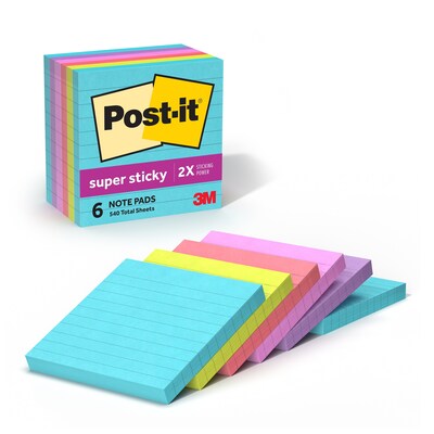 Post-it Super Sticky Notes, 4 x 4, Supernova Neons Collection, Lined, 90 Sheet/Pad, 6 Pads/Pack (675-6SSMIA)