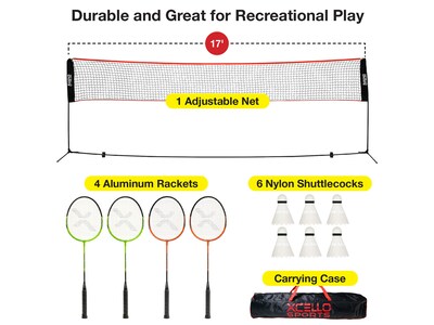 Xcello Sports Complete Portable Badminton Net Set, Assorted Colors (XS-B-FNS-R-1)