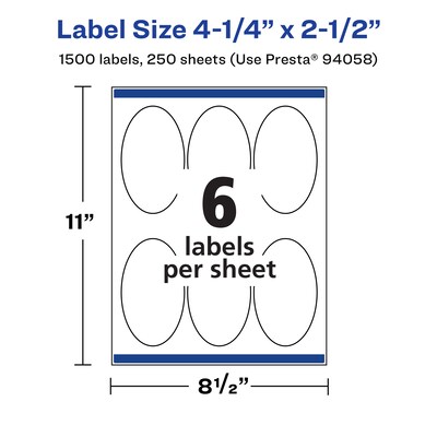 Avery Laser/Inkjet Oval  Multipurpose Labels, 2.5"  Dia, Matte White, 1500/Box (94058)
