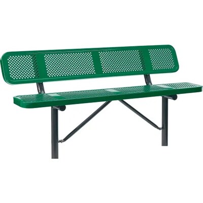Global Industrial 6 Outdoor Steel Bench w/ Backrest, Perforated Metal, In Ground Mount, Green (6945
