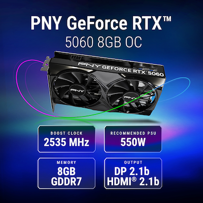 PNY NVIDIA GeForce RTX 5060 OC Dual Fan PCIe 5.0 8GB GDDR7 Gaming Graphics Card, 2280 MHz Core, Blac